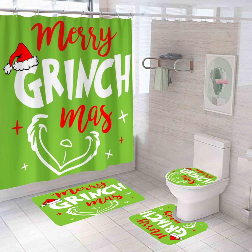 Christmas Snowman Print Toilet Bathroom Mat And Shower Curtain Four-Piece Set