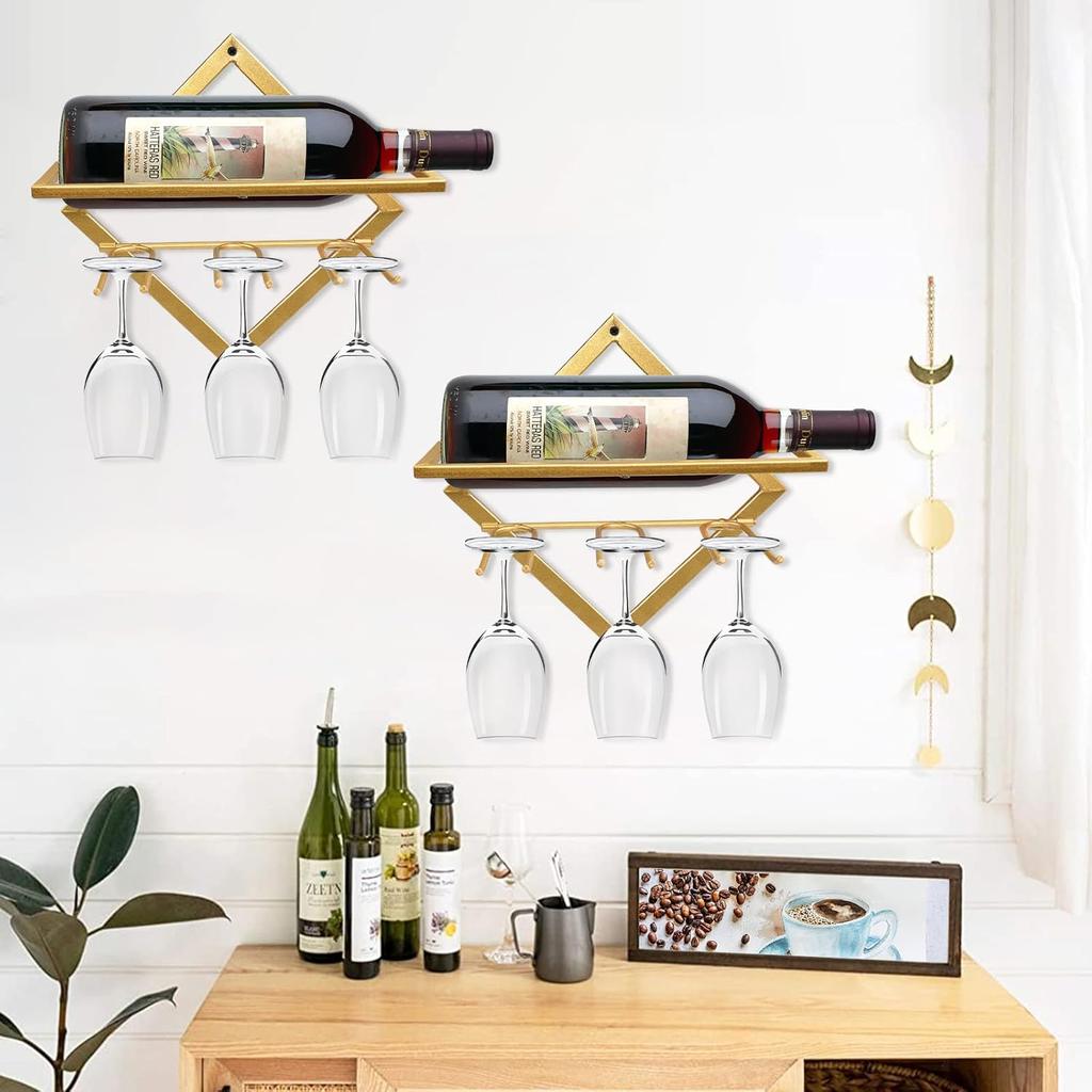 AUHOKY 2Pcs Metal Wall Mounted Wine Holder Stemware Glass Rack, Upgrade Collapsible Hanging Red Wine Racks Organizer with 3 Stem Glass Holders, Wine