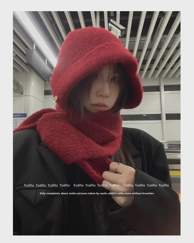 Высококачественная красная шерстяная шапка-балаклава для женщин с защитой ушей и шарфом