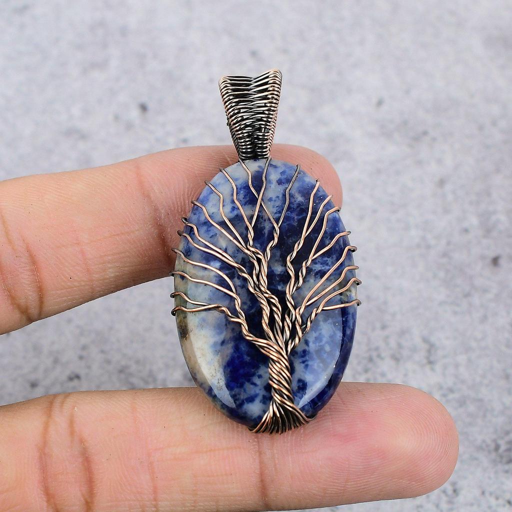 Tree Of Life Sodalite Pendant, Gemstone 999 Copper Wire Wrapped Jewelry Pendant, Handmade Jewelry Birthstone Pendant, Gift For Him