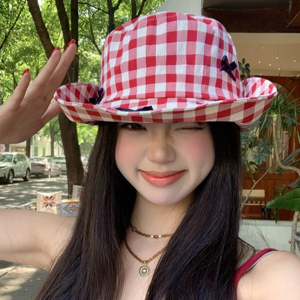 Versatile Hiking Fisherman Hat Sun Protection Bow Bucket Hat Cute Plaid Hiking Cap Outdoor