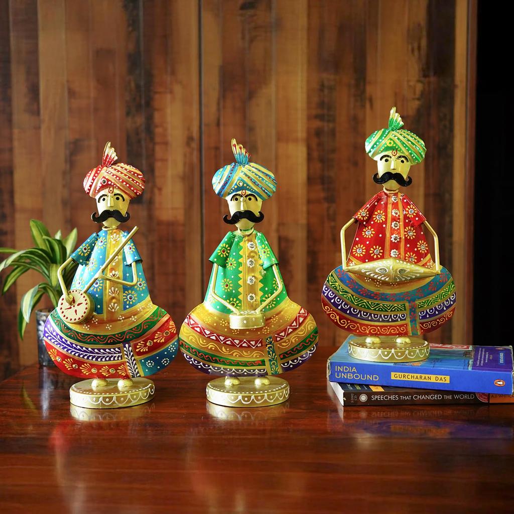 Metal Show Pieces for Home Decor | Gift Items for Showcase, TV Unit Decoration | NEW (Rajasthani Sardar Musicans - Set of 3)