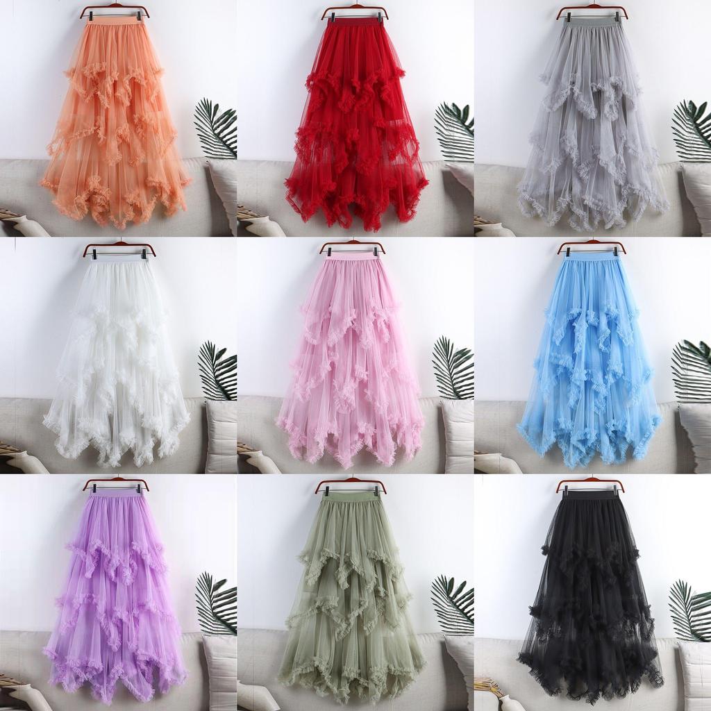 Princess Style Mesh Skirt With Ruffle Hem And High Waist For Summer Casual Wear