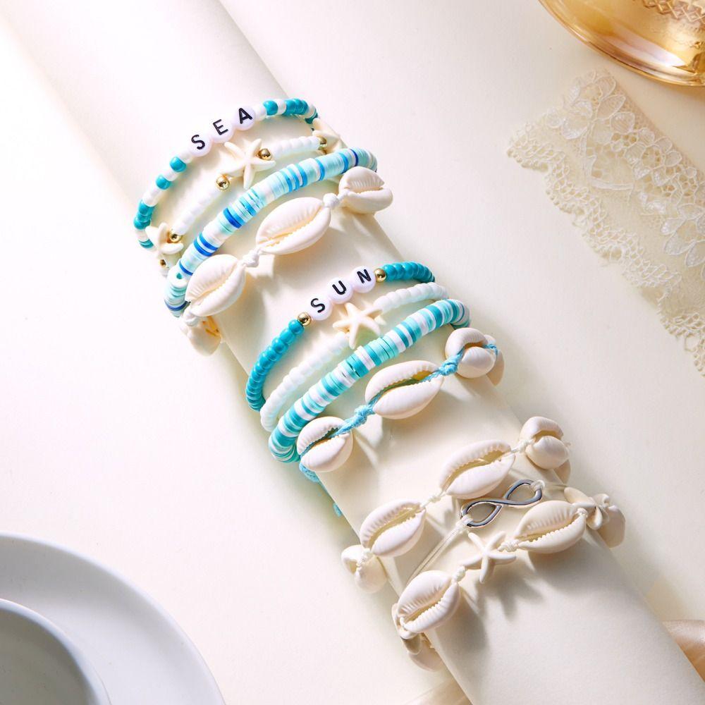 Colorful Ocean Style Hand Chain Sweet Bohemia Bracelet Set Vintage Starfish Shell Bracelet  Beach
