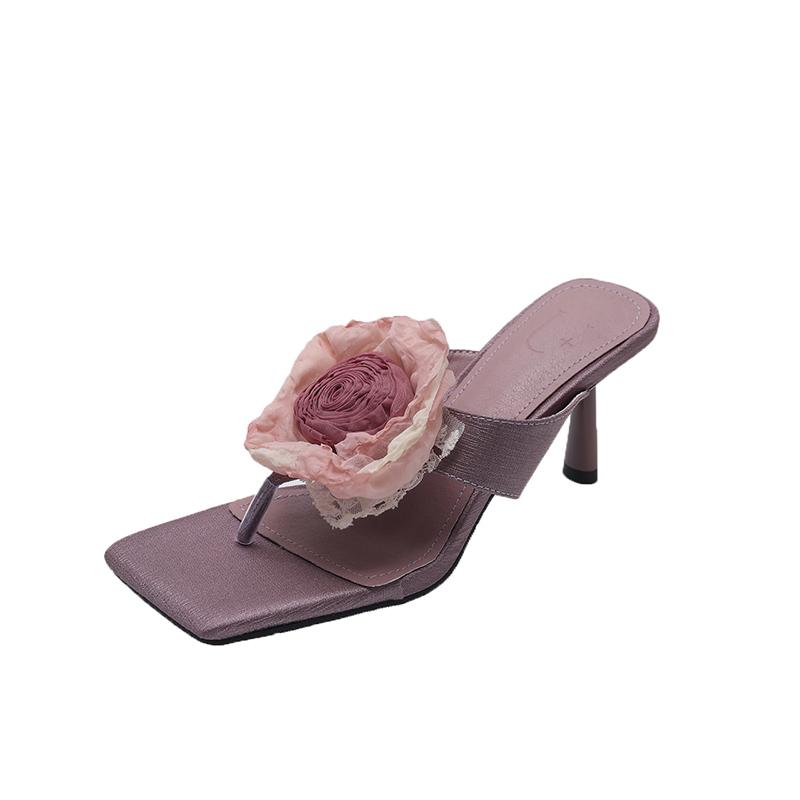 2024 Модные женские шлепанцы, тапочки, бежевые, фиолетовые, розовые, летние уличные туфли-мюли, толстые, средние каблуки, повседневные туфли-лодочки с цветочным узором для вечеринок