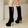 Women's High Red Boots Platform Heeled Knee High Long Boot Flock Black Large Size 45 48 Footwear Warm Shoes 2025 Winter Ladies