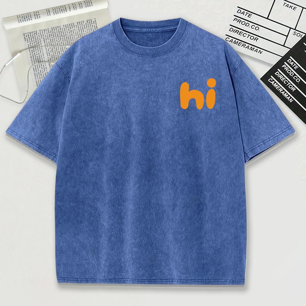 Оранжевый Маленький Нагрудный Значок Привет Принт Ретро Мужская Футболка Свободные Хлопковые Топы Мягкая Модная Выстиранная Футболка с Круглым Вырезом Спортивная Одежда