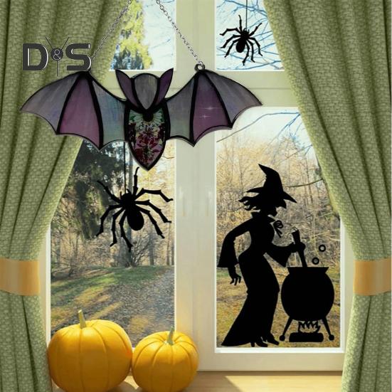 Halloween Hanging Glass Suncatcher Decoration Acrylic 2D Bat Ornament Gothic Car Rearview Mirror Decor for Home Window Wall Car