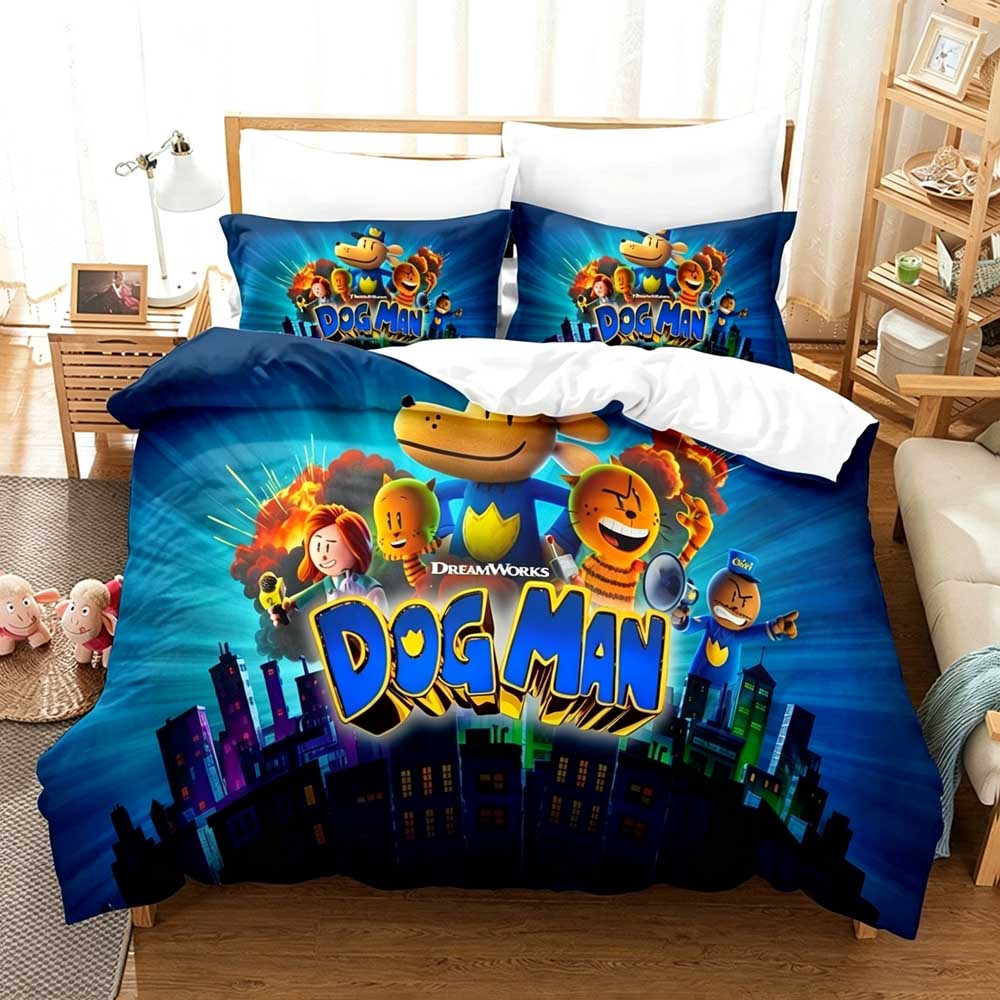 DOG MAN Милый Мультяшный Узор Комплект Постельного Белья Комплект Пододеяльника Односпальная Двуспальная Кровать Кровать King Size Комплект Постельного Белья Для Взрослых Детской Спальни Аниме Комплект Простыней