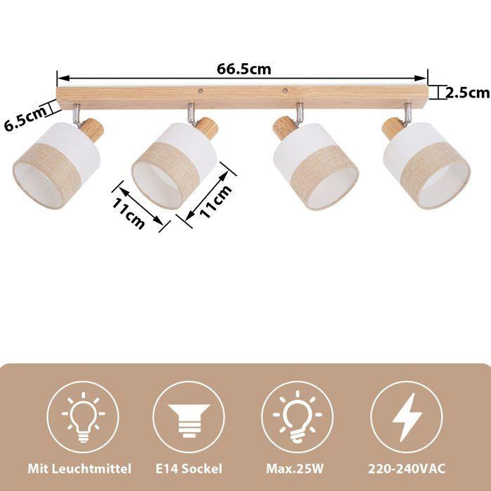 Plafonnier 4 spots - NETTLIFE - 4 lampes - Bois - Abat-jour tissu orientable 350° - E14