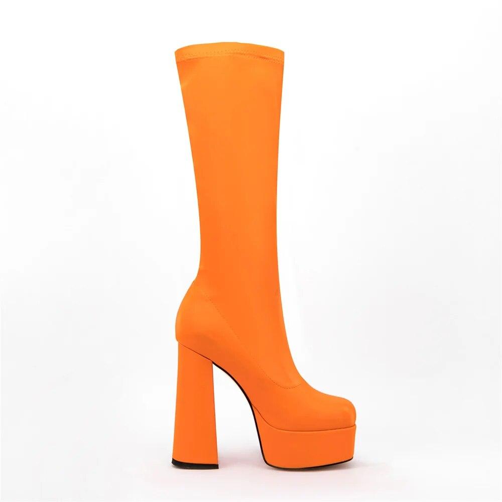 Patent Pu Leather Women Knee High Boots Platform Super Square High Heel Women Motorcycle Boots Zipper Round Toe Woman'S Boots 39