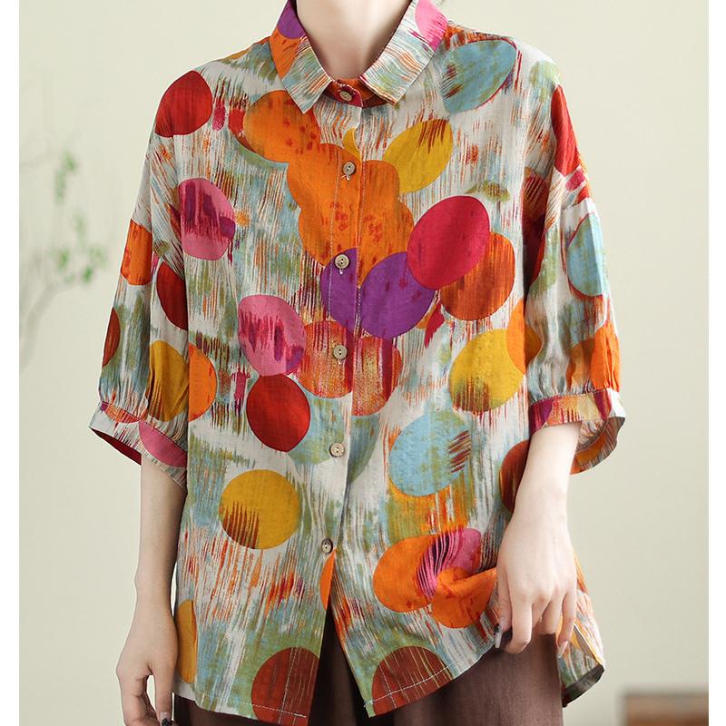 Летний топ для женщин, тонкая хлопковая льняная блузка с лацканами, рубашка с короткими рукавами и заниженными плечами, свободная рубашка с художественным принтом