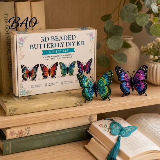 Beaded Animal Figurines 3D Butterfly Craft Kit, Tiny DIY Handmade Art Set Kit with Instruction, Cute 4-Pack Butterflies Beadwork for Beginners,