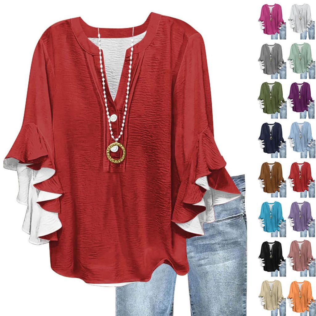 Women's Fashion Casual Button V-Neck Seven Sleeve Vintage Solid Color Shirt Top