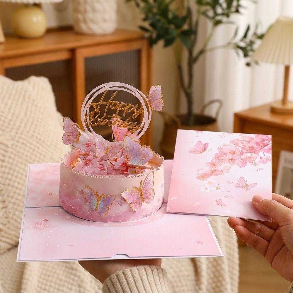 Stereo Card 3D Pop Up Greeting Card Best Wishes Thank You Card Flower Cake Card Birthday Party