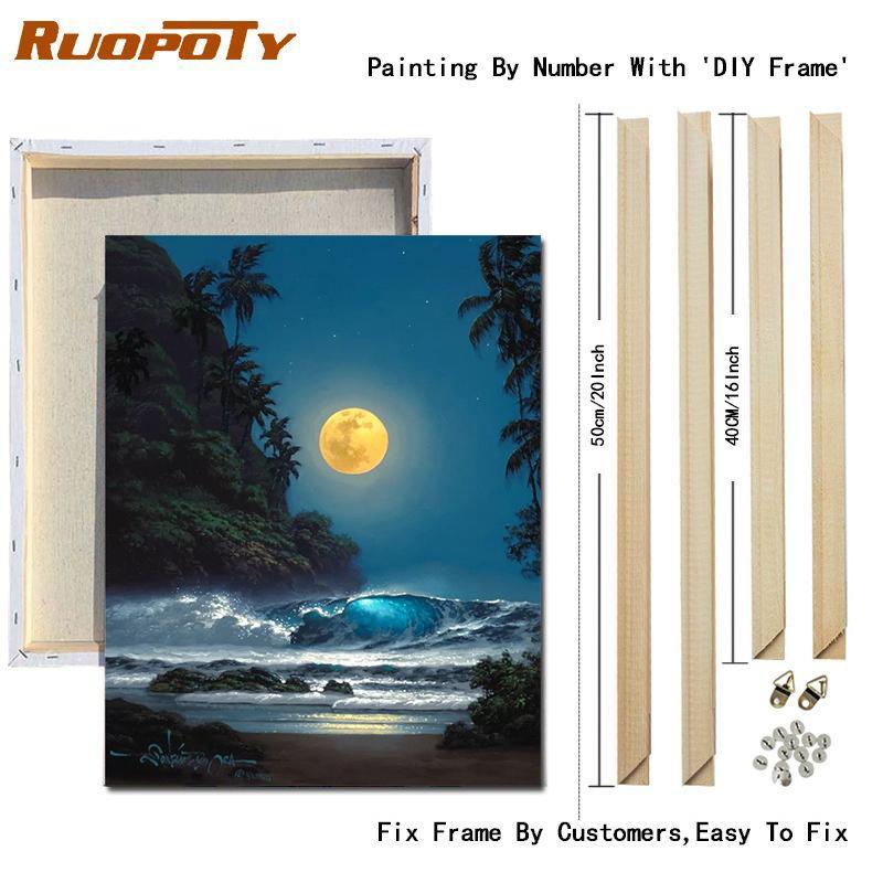 RUOPOTY DIY Painting By Numbers Moon Landscape Acrylic On Canvas Wall Art Picture By Numbers Seaside For Living Room
