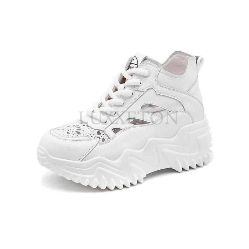 7,5 см натуральная кожа воздушная сетка удобные высококачественные дышащие кроссовки с полым ремешком весенне-летние туфли на платформе с танкеткой