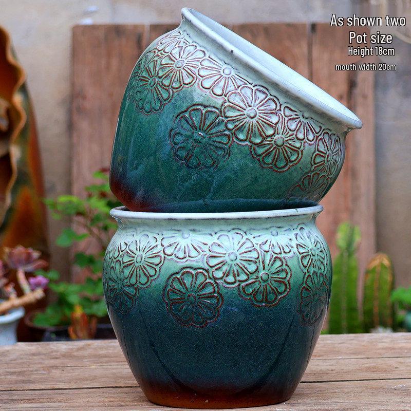 Handmade Embossed Rose Ceramic Pot for Succulents - Tall, Breathable Coarse Pottery Planter