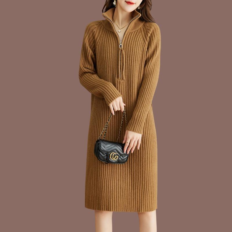 High Neck Thick Zipper Medium and Long Inner Sweater Skirt Autumn and Winter New Knitted Bottoming Dress Women