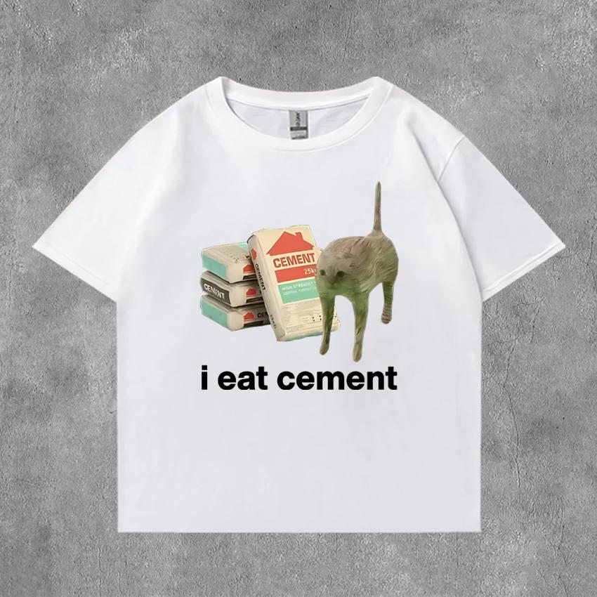 Summer Funny I Eat Cement Cursed Cat Funny Meme Graphic T Shirts Men Women Oversized Short Sleeve T-shirt Unisex Cotton Clothing