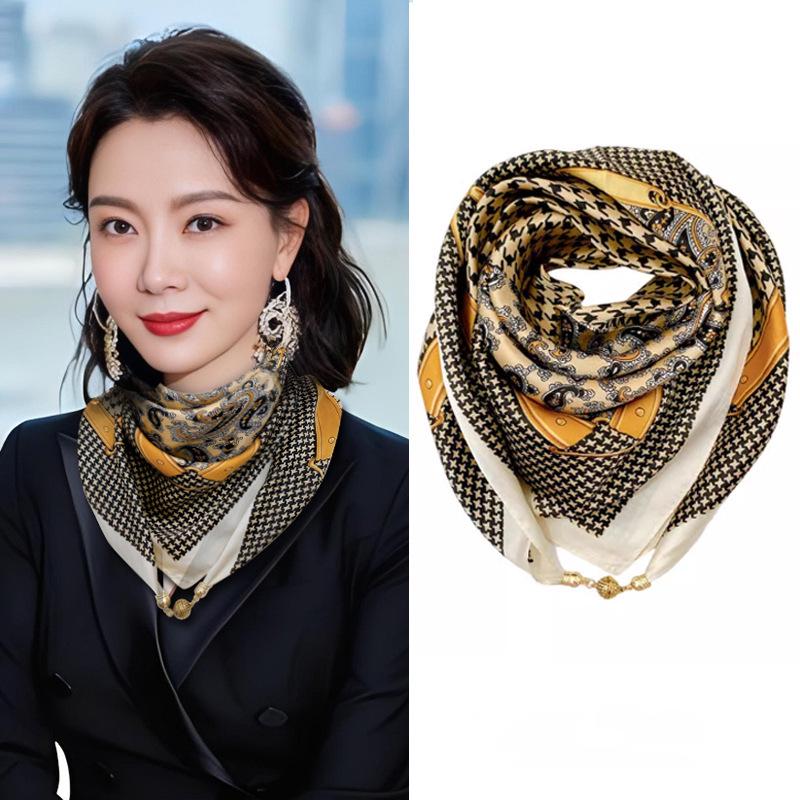 Magnetic Buckle Silk Neck Scarf: Triangle Design for Women, 70x70cm, Lightweight Spring/Summer/Autumn Accessory