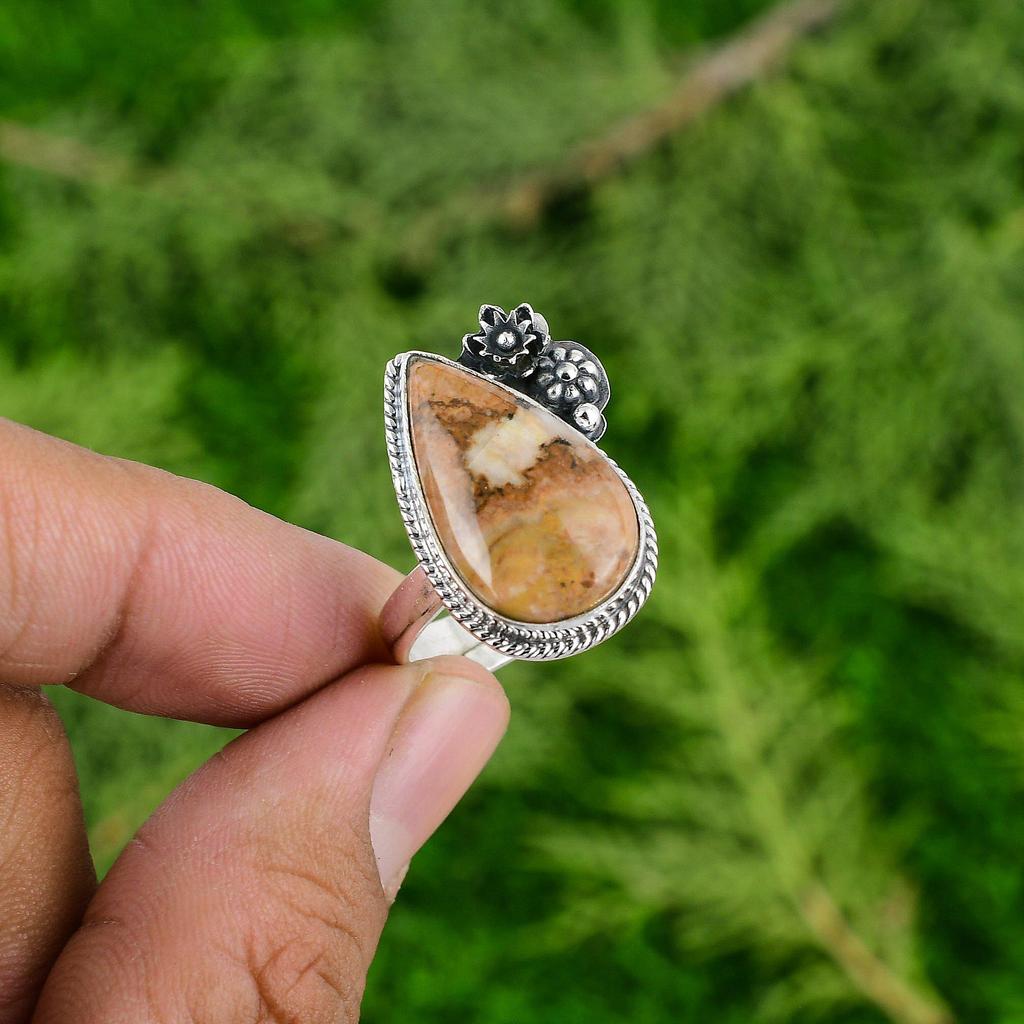 925 Sterling Silver Pear Natural Mookaite Multi Stone Flower Sister Ring Jewelry