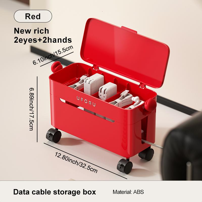 UFORU Portable Cartoon Wire Storage Box - Large Capacity, Vent Holes, Rolling Wheels, Desk Cord Organizer for Clutter-Free Space