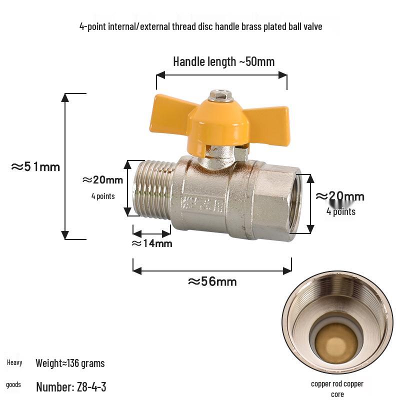 Brass Ball Valve with Copper Core: Male/Female, Double Female, 1/2", 3/4", 1" Sizes, for Water and Gas Pipes.