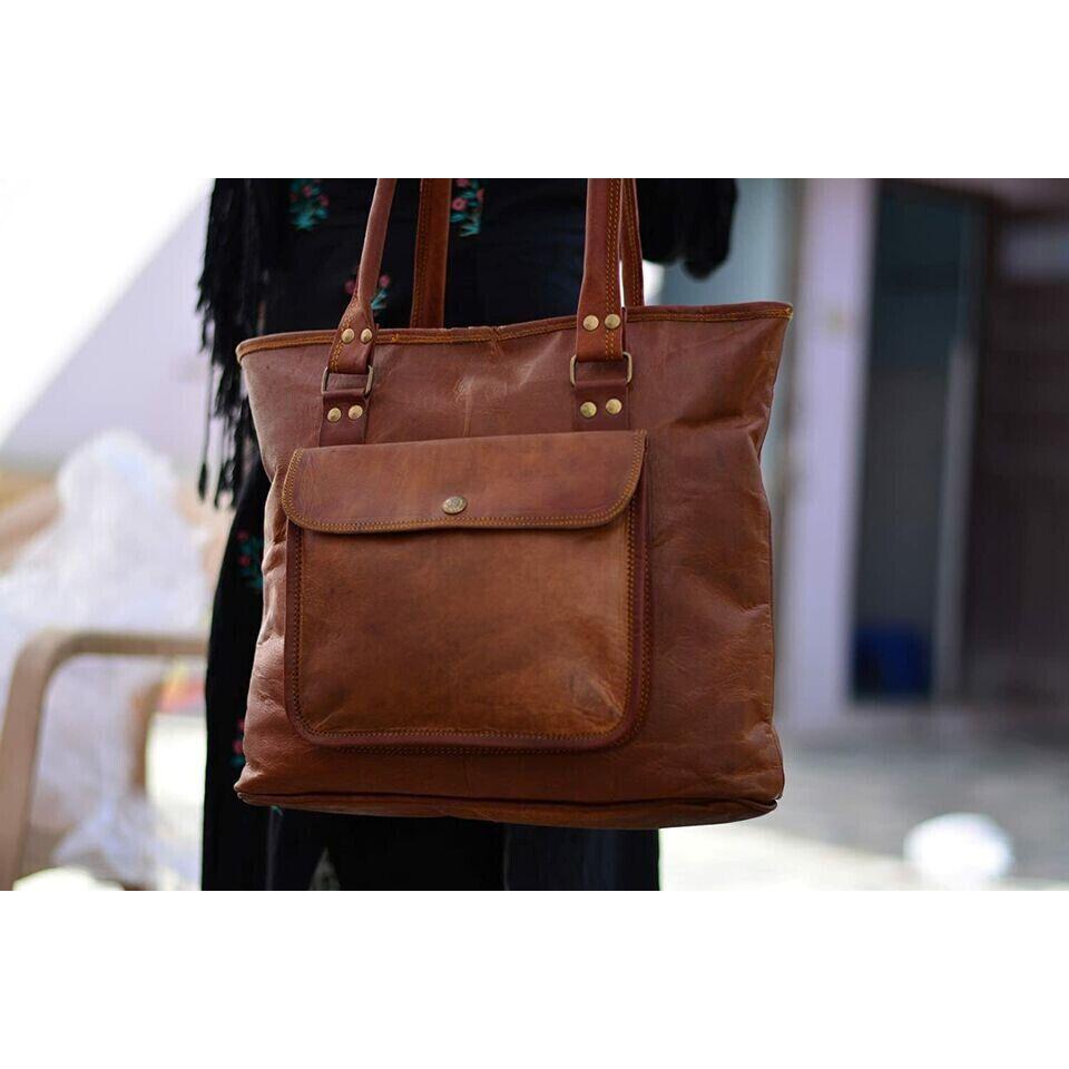 Handmade Women's Vintage Brown Goat Leather Shoulder Tote Shopper Purse Handbag