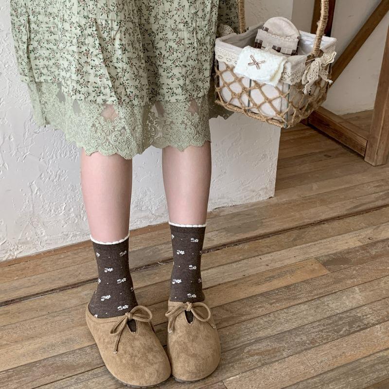 Retro Boneless Socks, Women's Mid-calf Socks, Autumn and Winter Women's Socks, Girls' Bow, Coffee-colored Pile Socks
