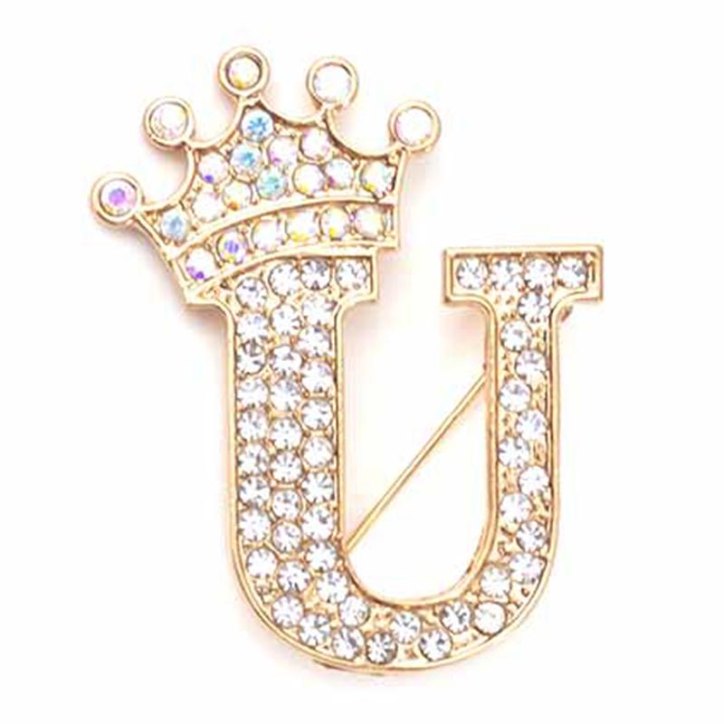 Fashion Crown 26 Initial Letters A To Z Crystal Rhinestone Brooch Pins Women