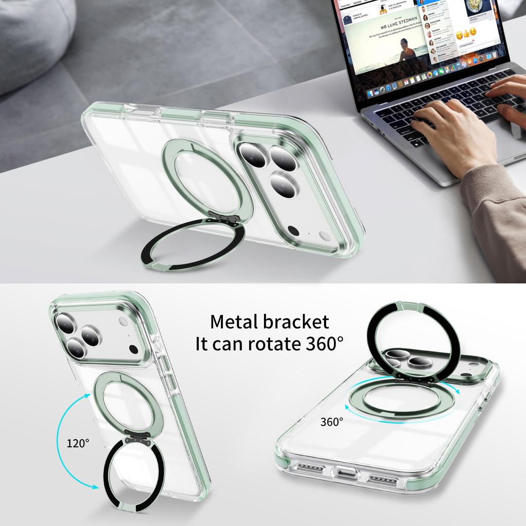 For iPhone 17 Pro Max Case Compatible with MagSafe Rotating Kickstand Shockproof TPU PC Acrylic Clear Phone Back Cover