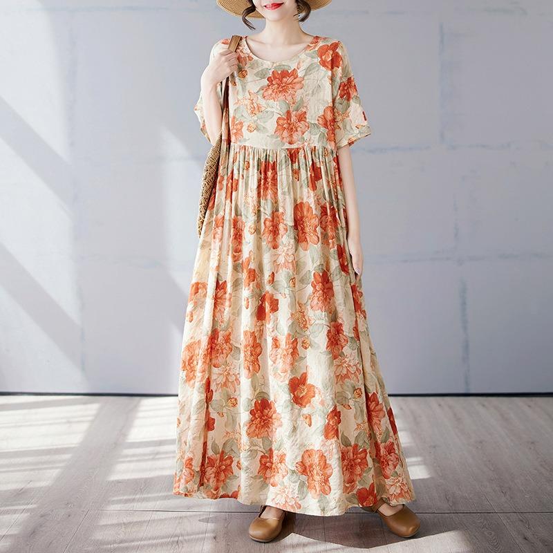 Простое богемное длинное платье лето новое полнящее плюс короткий рукав круглый вырез платье с принтом женская одежда
