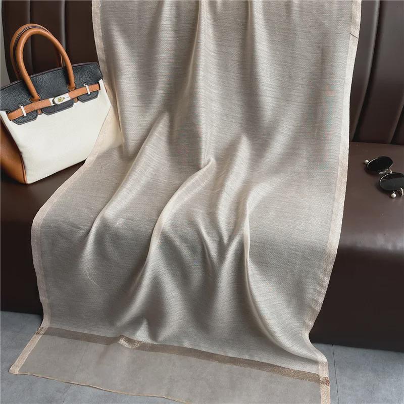Korean Style Versatile Silk Scarf: Long Gauze Scarf with Gold Sequin and Wool Blend for Spring and Autumn.