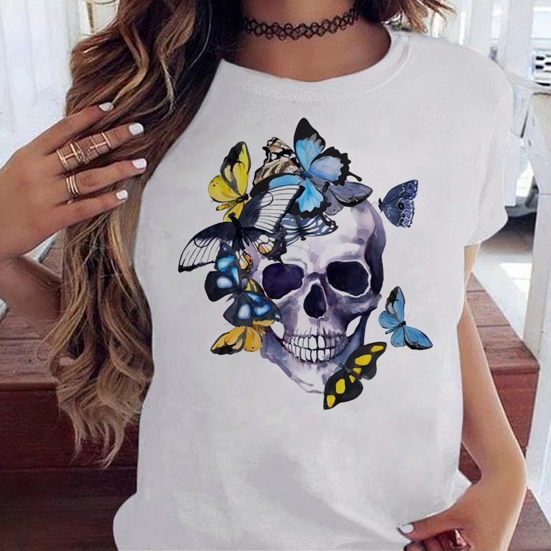 Maycaur Fashion Skull Flower Print Женская футболка Летняя повседневная женская футболка с коротким рукавом и круглым вырезом в стиле 90-х годов, женская футболка, топы