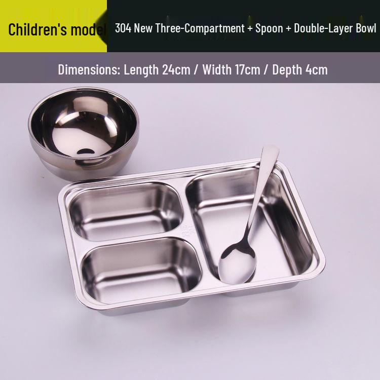 304 Stainless Steel Drop-Proof Square Dinner Plate for Kids with Four Compartments