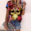 Women's Top Summer New Fashion Rose Flower Skull and Roses Printed Casual Zipper V-neck Short Sleeve Top