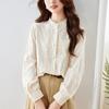 Apricot Embroidered Shirt for Women Long-sleeved Spring Stand Collar Top Temperament Lady Pure Cotton Embroidered Shirt