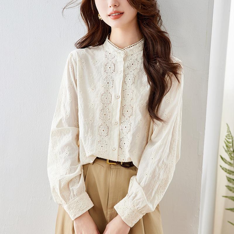 Apricot Embroidered Shirt for Women Long-sleeved Spring Stand Collar Top Temperament Lady Pure Cotton Embroidered Shirt