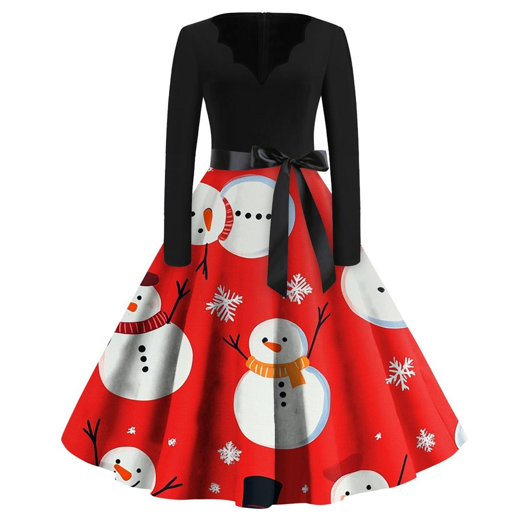 Женские модные повседневные тонкие рождественские платья с длинным рукавом с v-образным вырезом и принтом