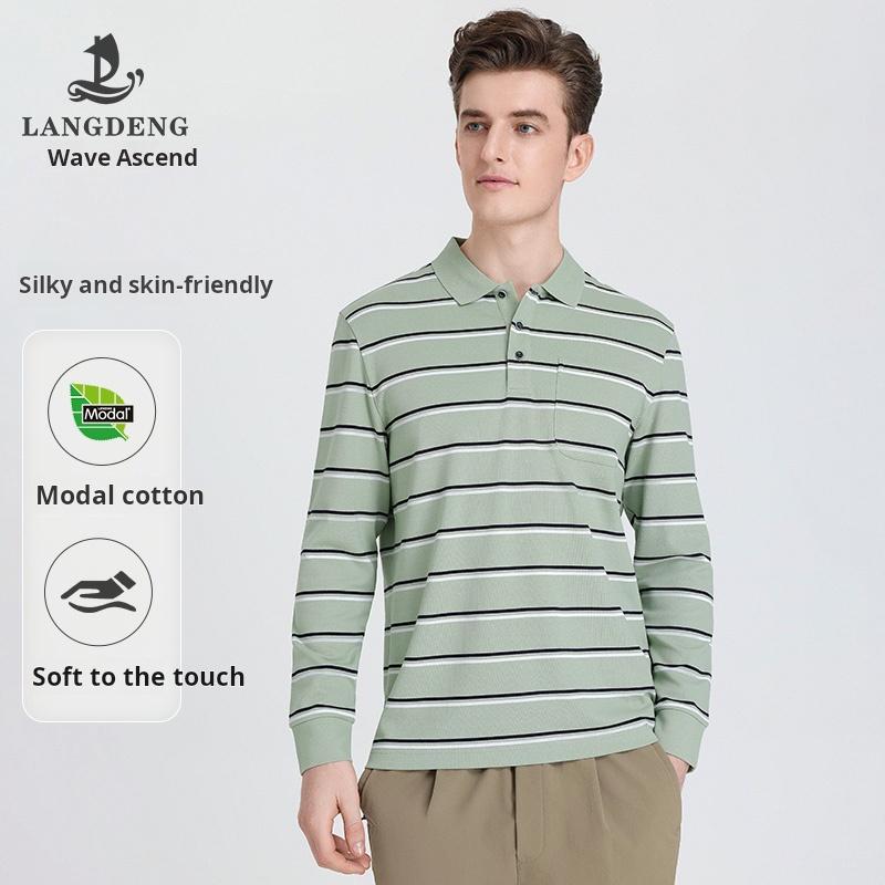 Langdeng Men's Business and Leisure Modal Cotton Collar Striped Long Sleeve T-shirt