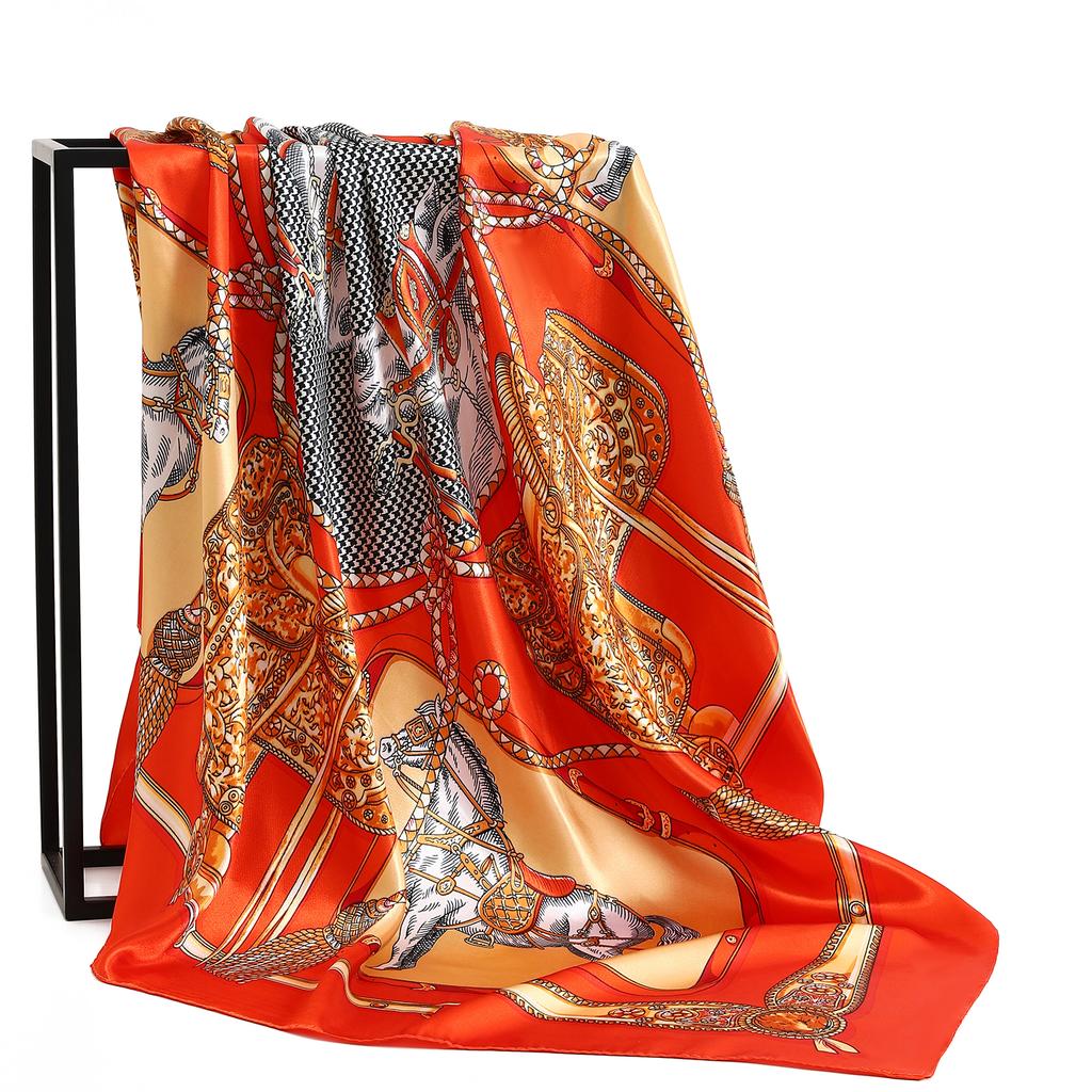 Luxury Brand Summer Kerchief Fashion Foulard Satin Headcloth 1 Piece of 35.4 Inches Square Shawls, Women Print 90X90CM Bandanna,