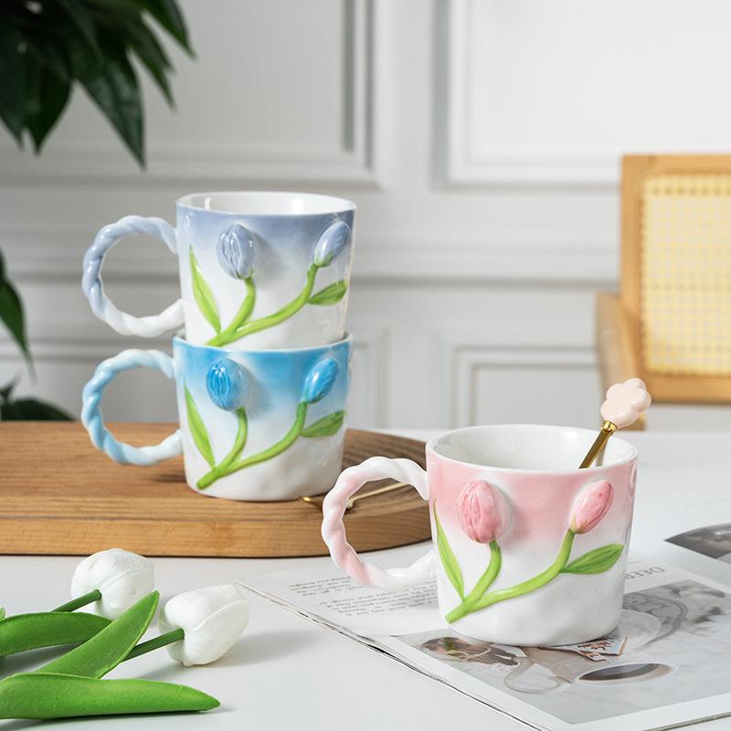 Three-Dimensional Relief Tulip White Porcelain Ceramic Water Cup Coffee Cup Souvenir Gift