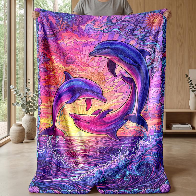 Dolphins Leaping at Sunset Theme blanket Lightweight Warm Flannel Blanket Decorative Throw Blanket for Home Decoration
