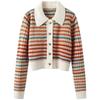 Women's Colorful Striped Knitted Cardigan Short Spring Autumn Vintage Stripe Sweater Fashion Slimming Flip Collar Loose
