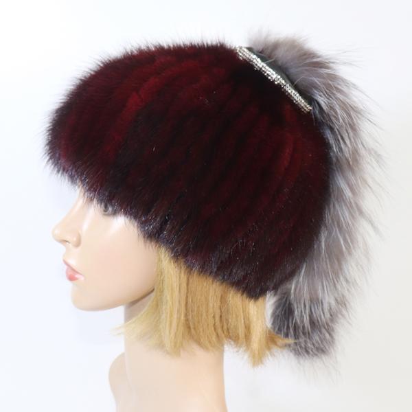 Новая женская вязаная шапка из натурального меха норки с лисьим хвостом, роскошная качественная шапка из натурального меха норки, женские зимние теплые шапки из 100% натурального меха норки