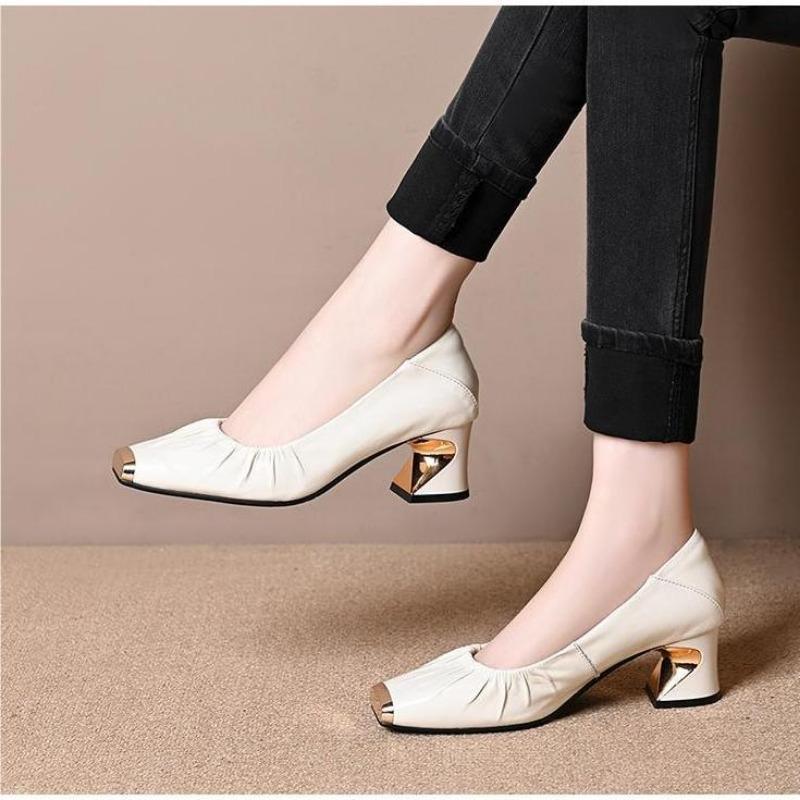 Ladies Elegant Fold Design Solid Color Simple Pumps Women's High Heels Soft Leather Metal Head Mid-heeled Dress Shoes Loafers