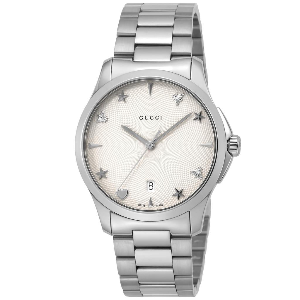 Gucci YA1264028 Silver Watch with White Stainless Sapphire and Quartz Swiss Made G-TIMELESS Women's Dial, Steel, Crystal, Movement, 38mm,