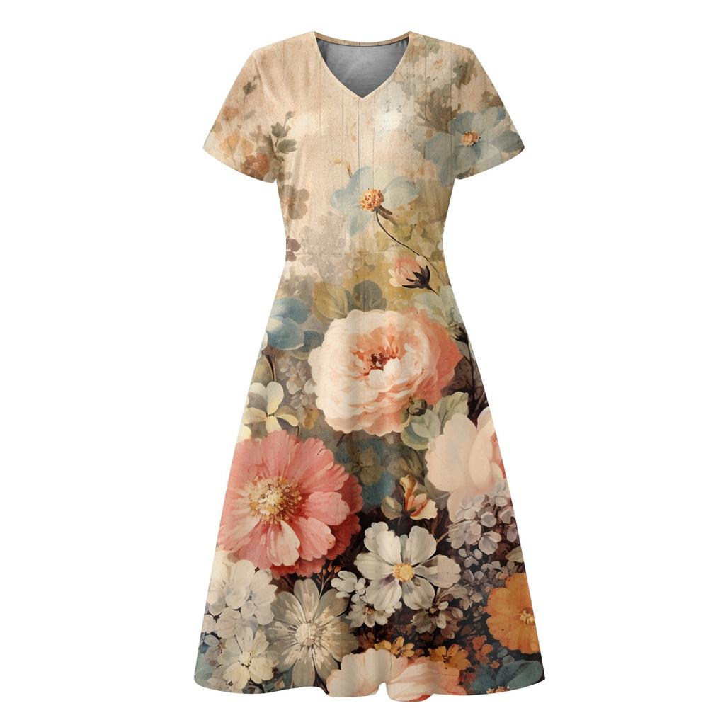 Летние повседневные платья для женщин, свободный сарафан с коротким рукавом, платье-футболка с цветочным принтом