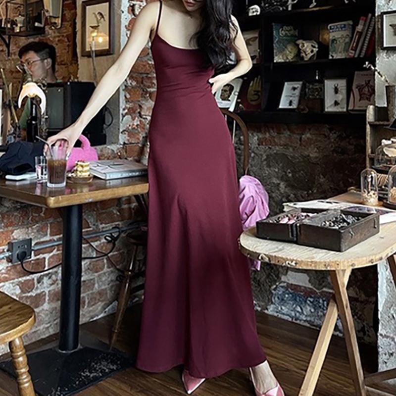 Spaghetti Strap Dresses Women Retro Sexy Slim Simple Daily Streetwear Midi Trendy Pure Summer Ladies Sleeveless
